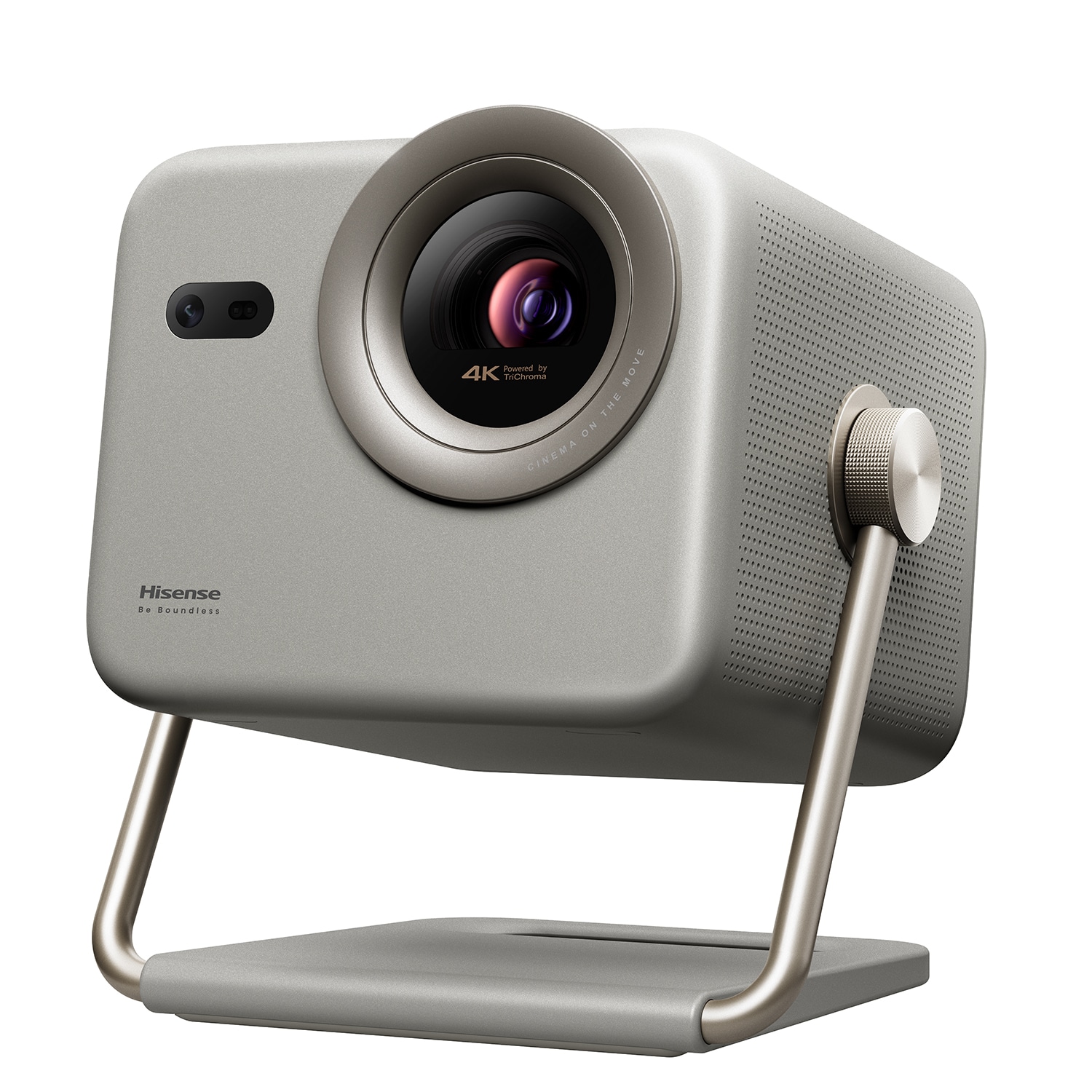 Hisense M2 Pro projector, front three-quarter view in gray on its gold-toned tubular stand