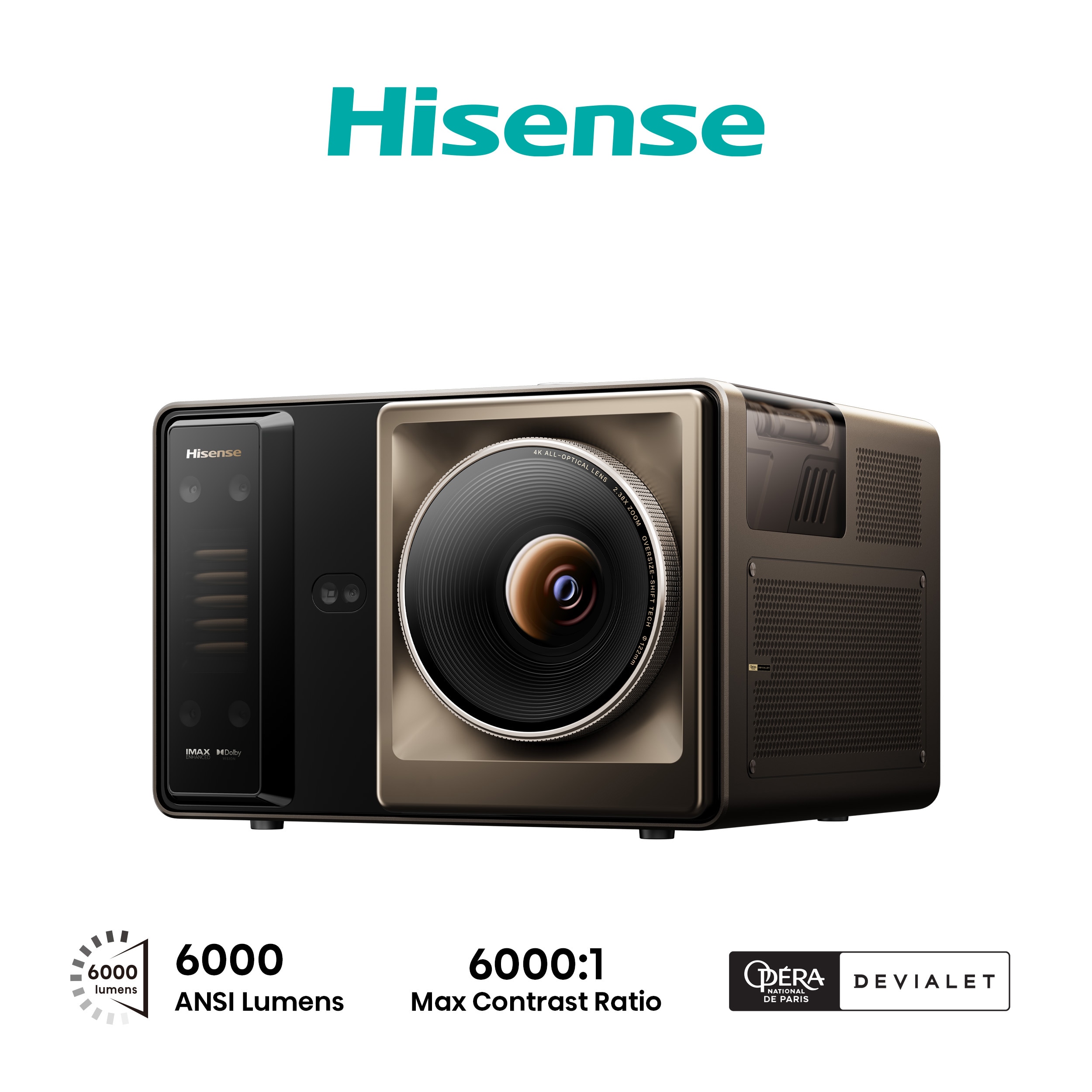 Hisense XR10 laser projector, front three-quarter view showing the large round lens in a square bronze surround beside a black sensor panel