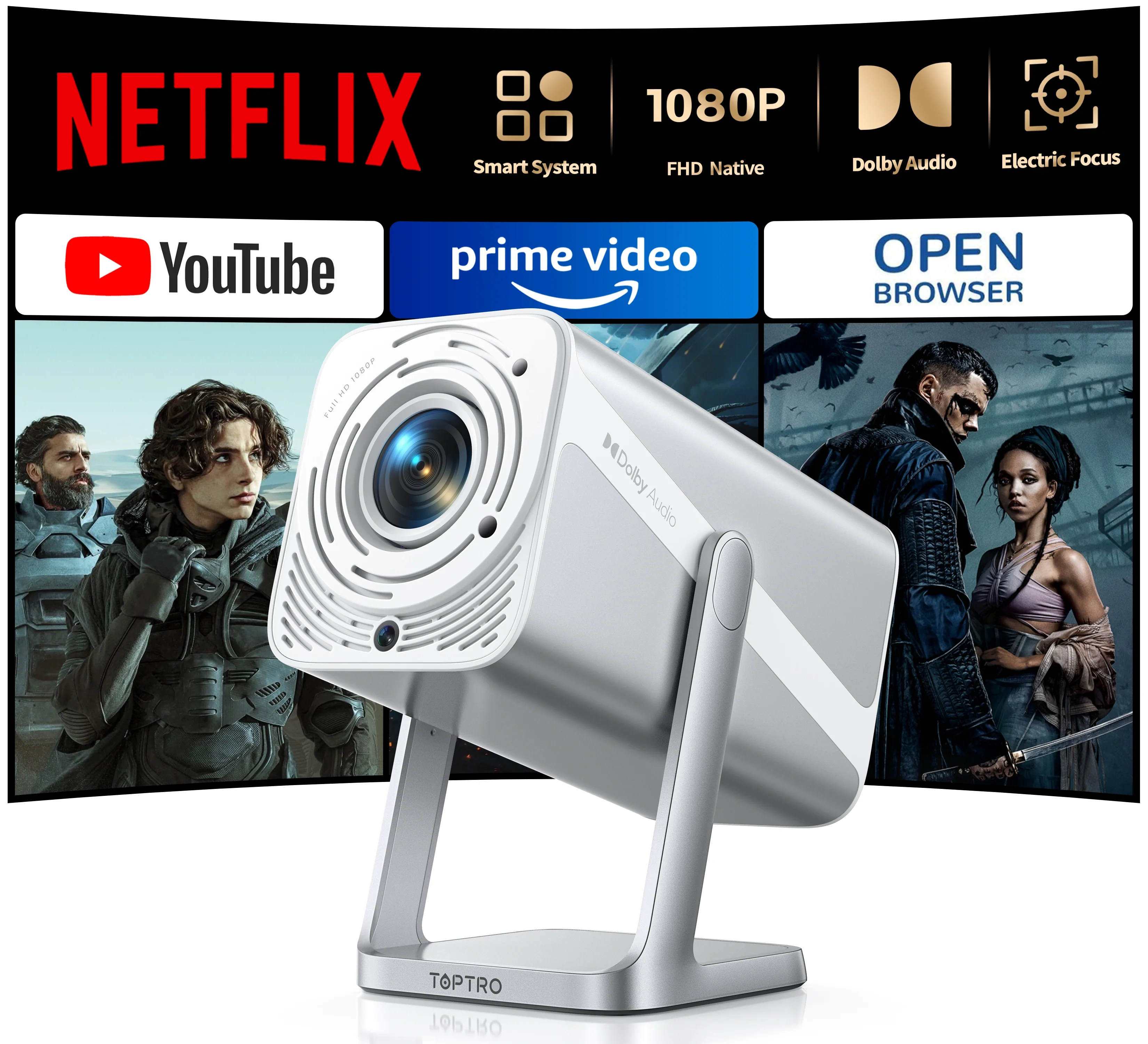 TOPTRO TP1 silver and white projector on its tilting stand, front three-quarter view, with Netflix, YouTube and Prime Video tiles behind it