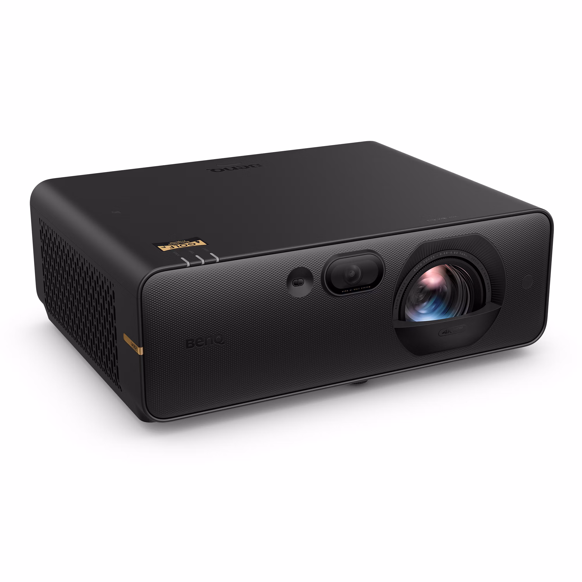 BenQ AK800ST short-throw laser golf projector, front three-quarter view from the right