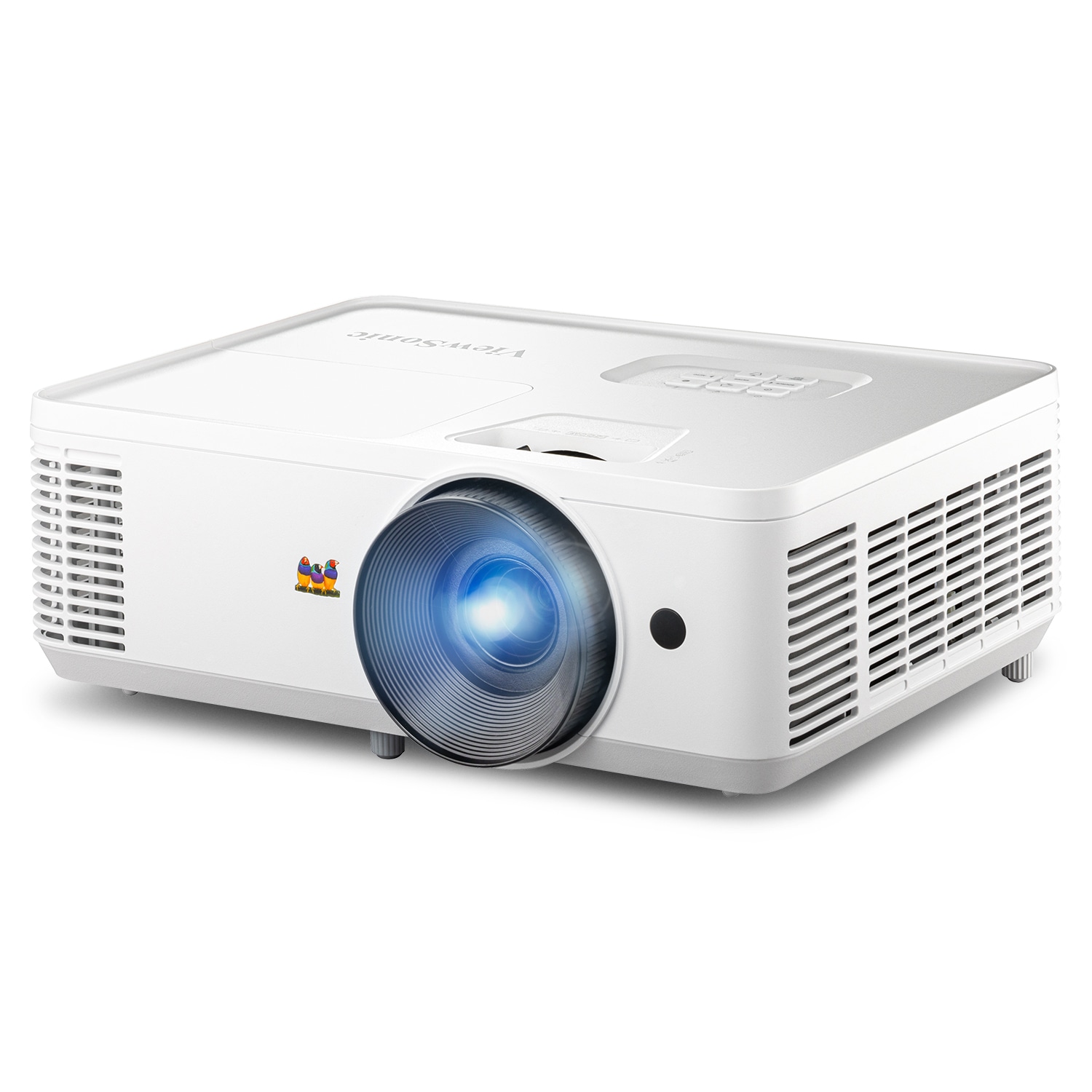 ViewSonic PA503HD white projector, front three-quarter view from the left, showing the lens, vents and top keypad