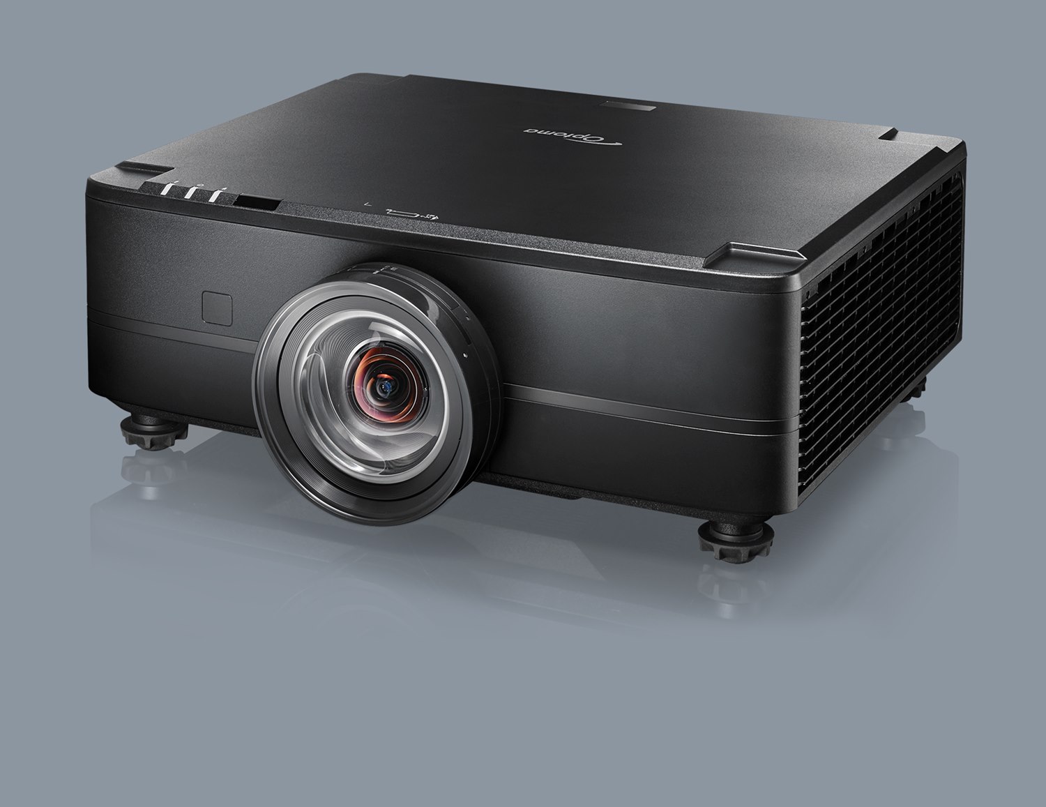 Optoma ProScene ZK810TST in black, front three-quarter view showing the short-throw lens