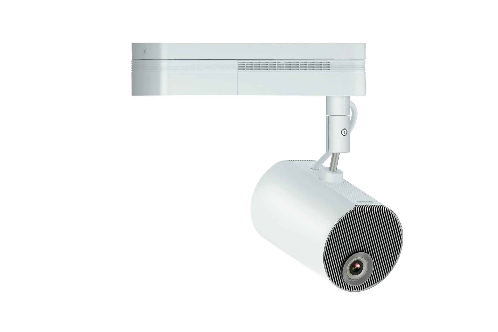 Epson LightScene EV-110 in white on a lighting track mount, seen from the front right, lens pointing down and to the right