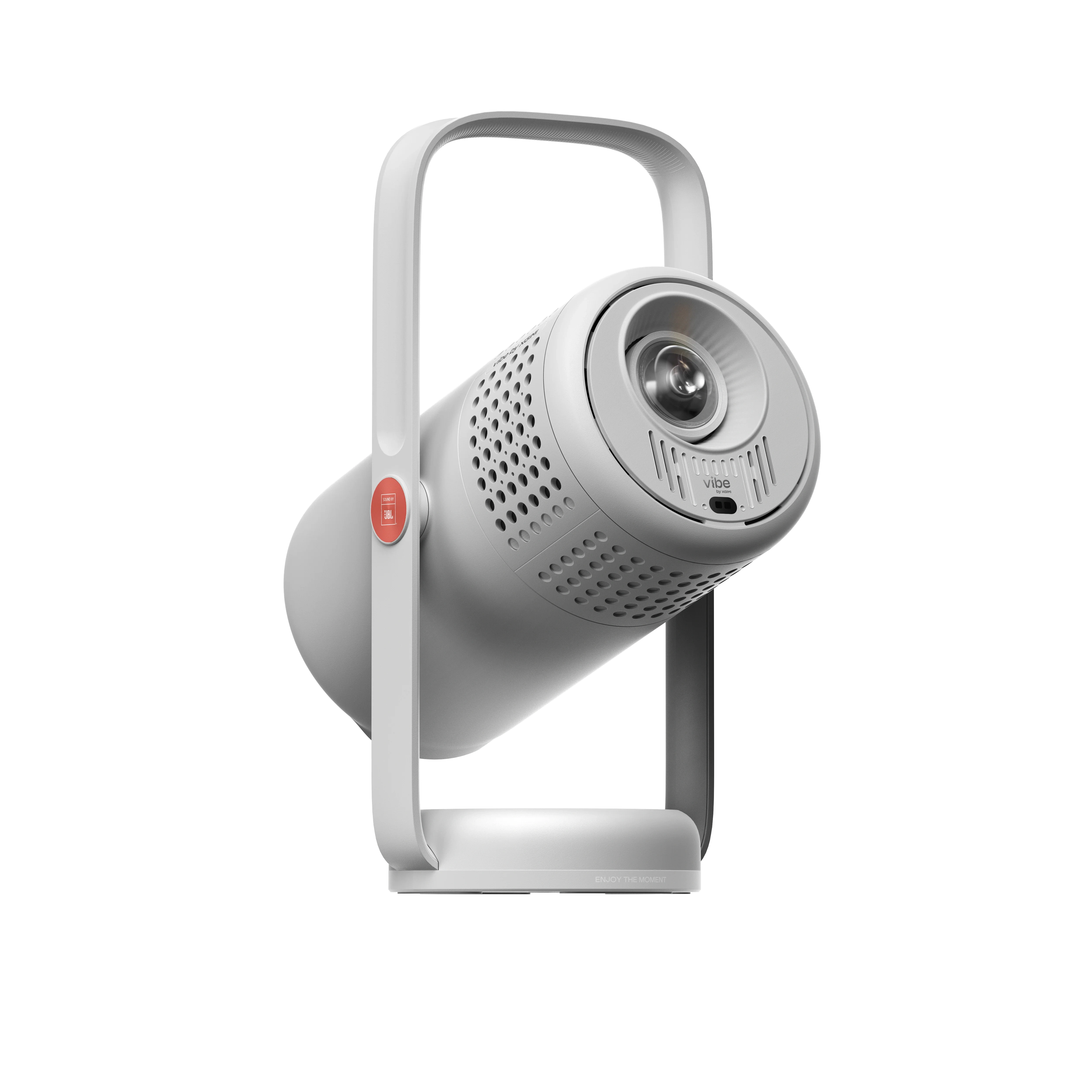 XGIMI Vibe One in light grey, front three-quarter view of the lens barrel tilted in its handle-style stand, red power button on the side, on a white background