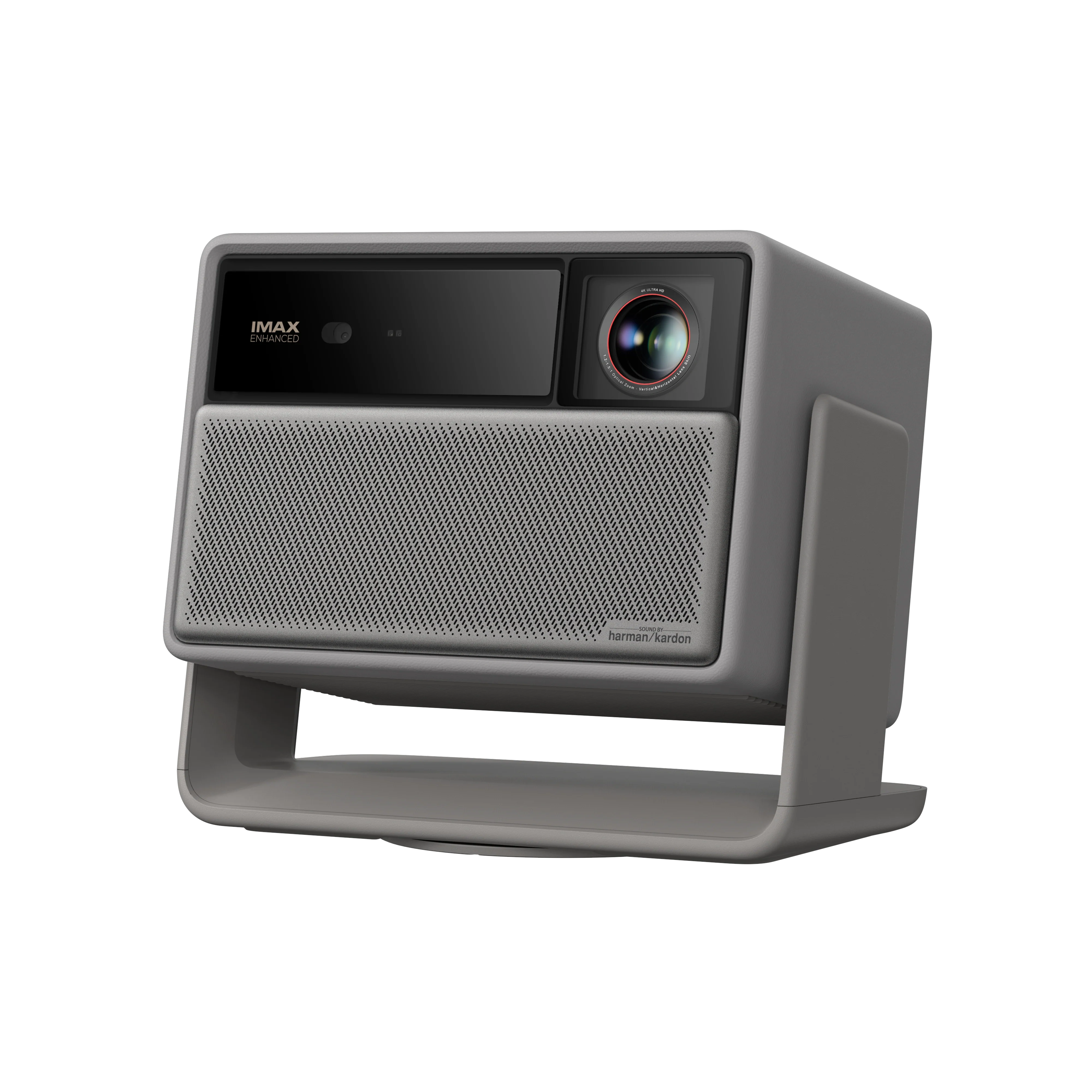 XGIMI HORIZON 20 Pro projector in grey, front three-quarter view showing the lens, the speaker grille and the integrated stand