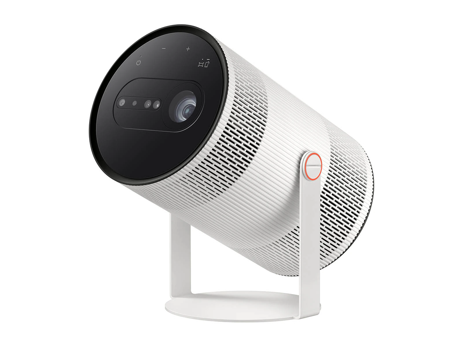 Samsung The Freestyle+ front three-quarter view on its stand, white with orange rotation knob