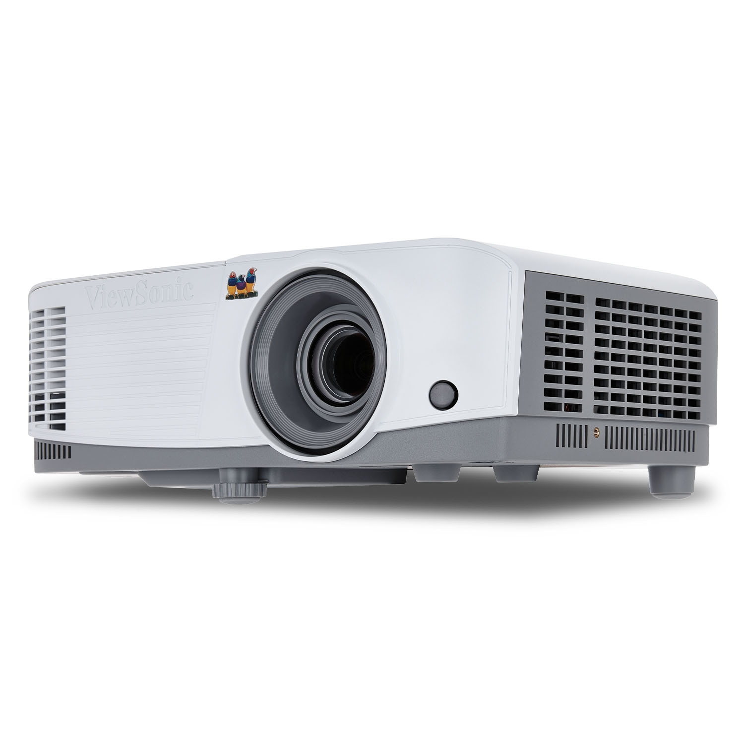 ViewSonic PA504W white and grey DLP projector, front three-quarter view from the left showing the zoom lens and vented side