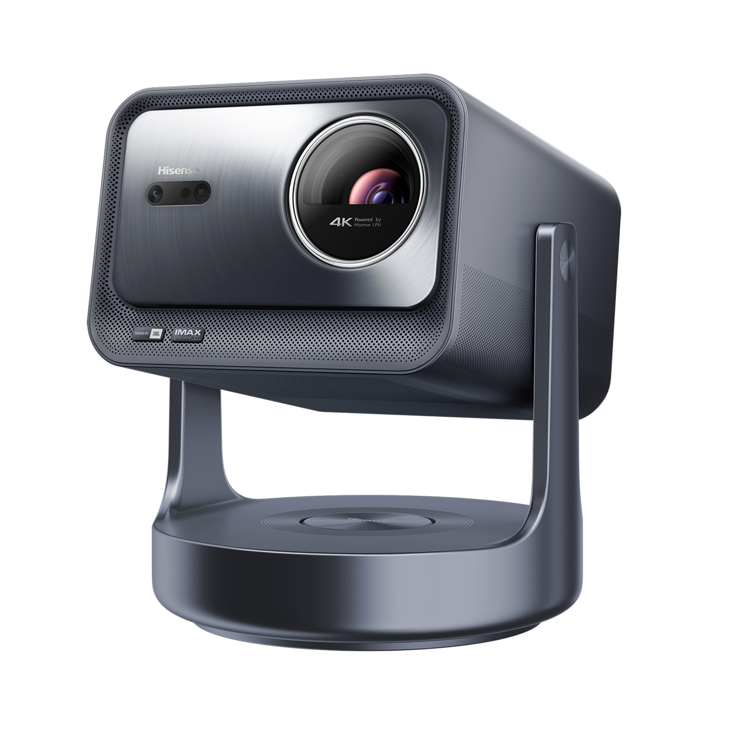Hisense C2 Ultra front three-quarter view, dark grey projector with a round lens and sensor window on the front, held on a swivel gimbal base