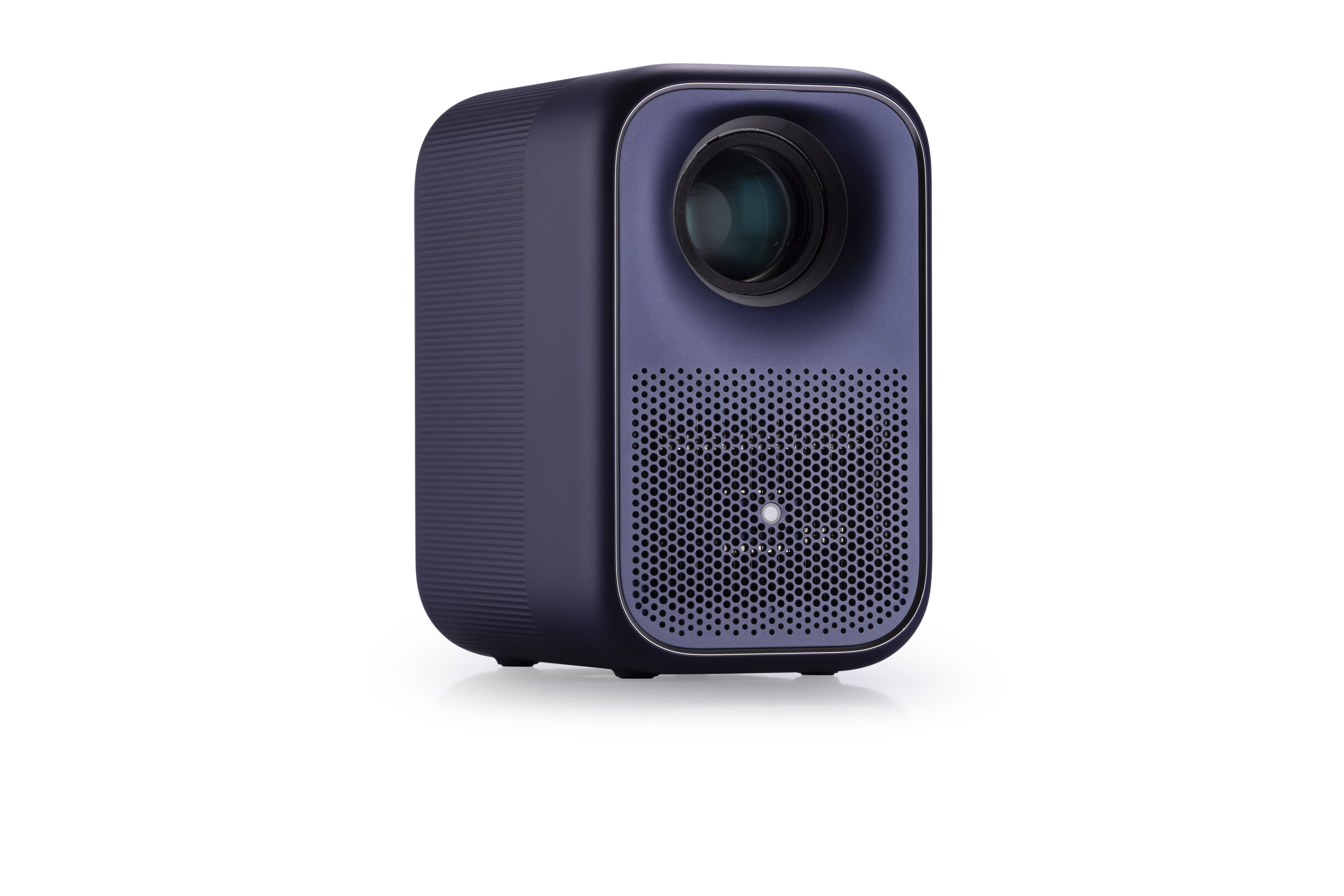 InFocus Apex Master front three-quarter view, dark blue-purple body with a round lens above a perforated speaker grille