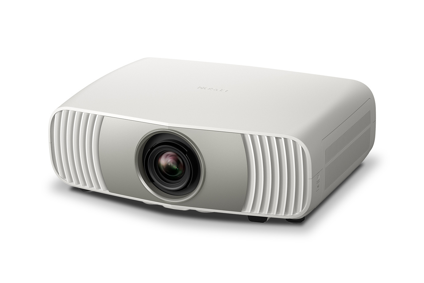 Epson Home Cinema LS6000 front three-quarter view in white with a silver-grey lens panel, vented side grilles and a large round lens