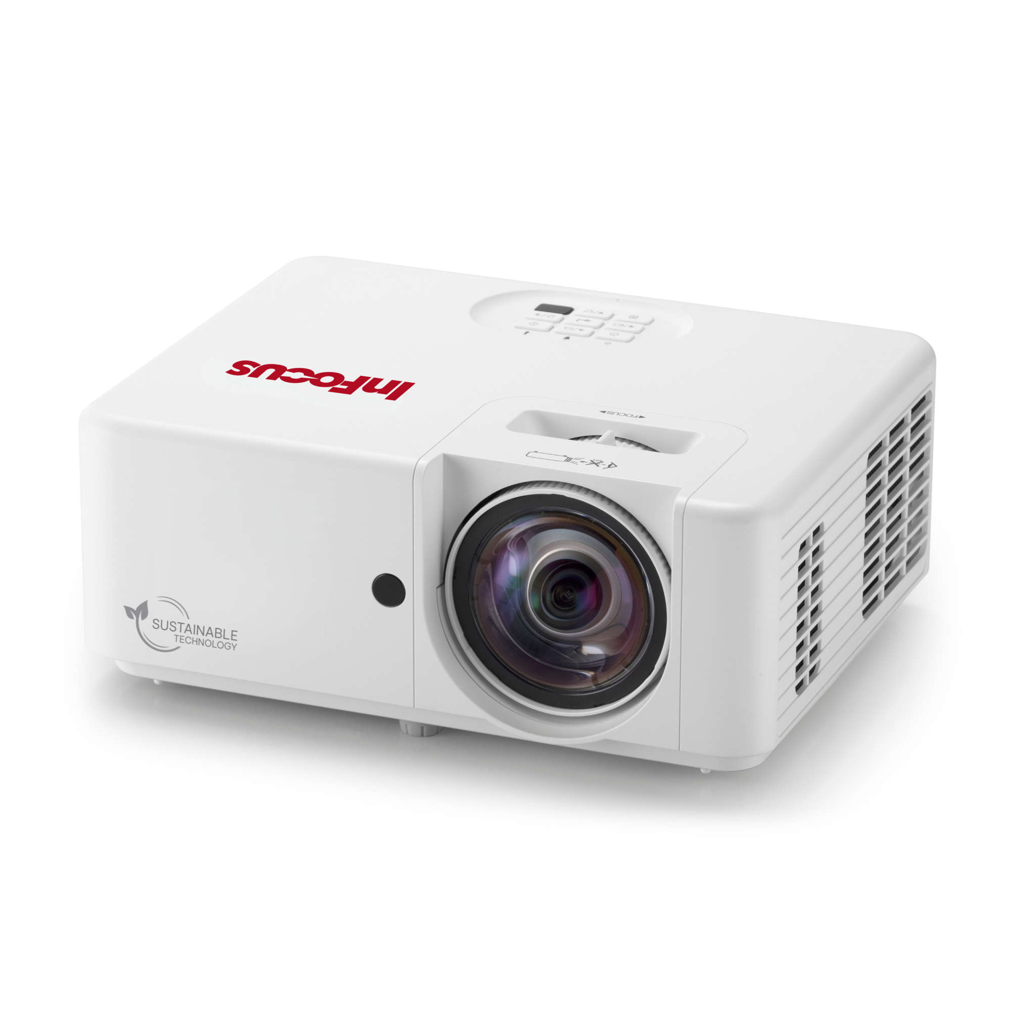 InFocus IN1108ST white projector, front three-quarter view from the left, showing the short-throw lens and top keypad