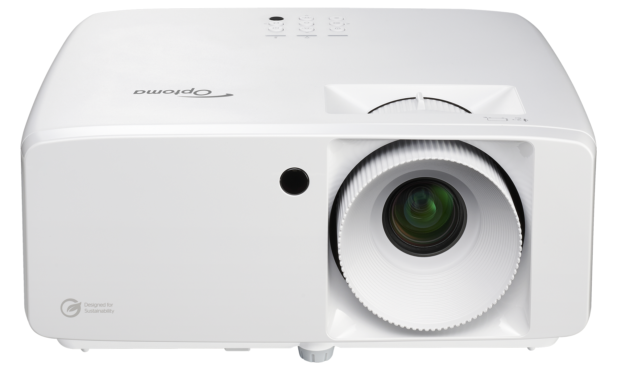 Optoma ZW521 white projector seen from the front, lens on the right, with the Optoma logo on top