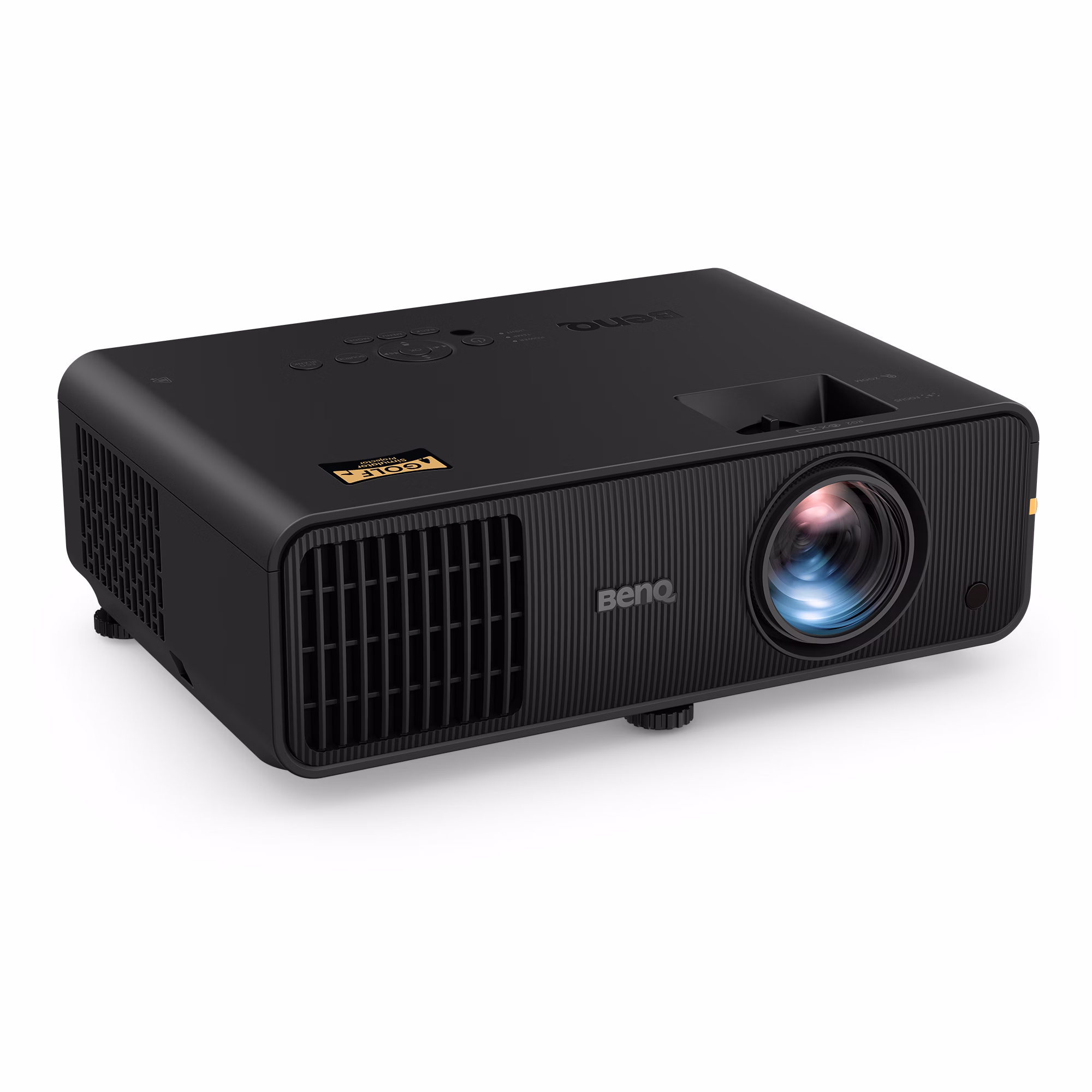 BenQ AH30ST black short-throw projector, front three-quarter view with a Golf Simulator Projector badge on top