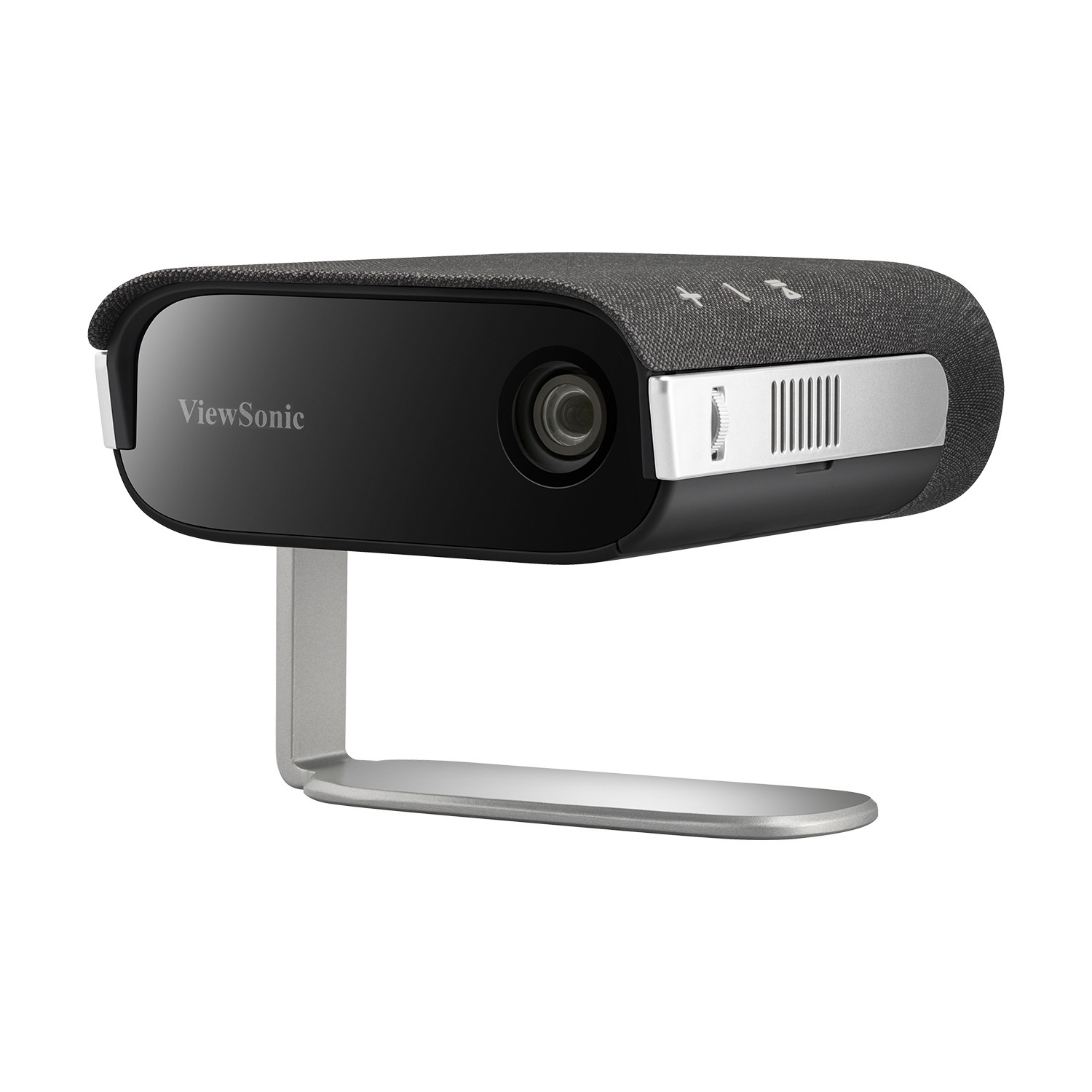 ViewSonic M1X front three-quarter view on its L-shaped aluminium stand, with fabric-covered body and lens