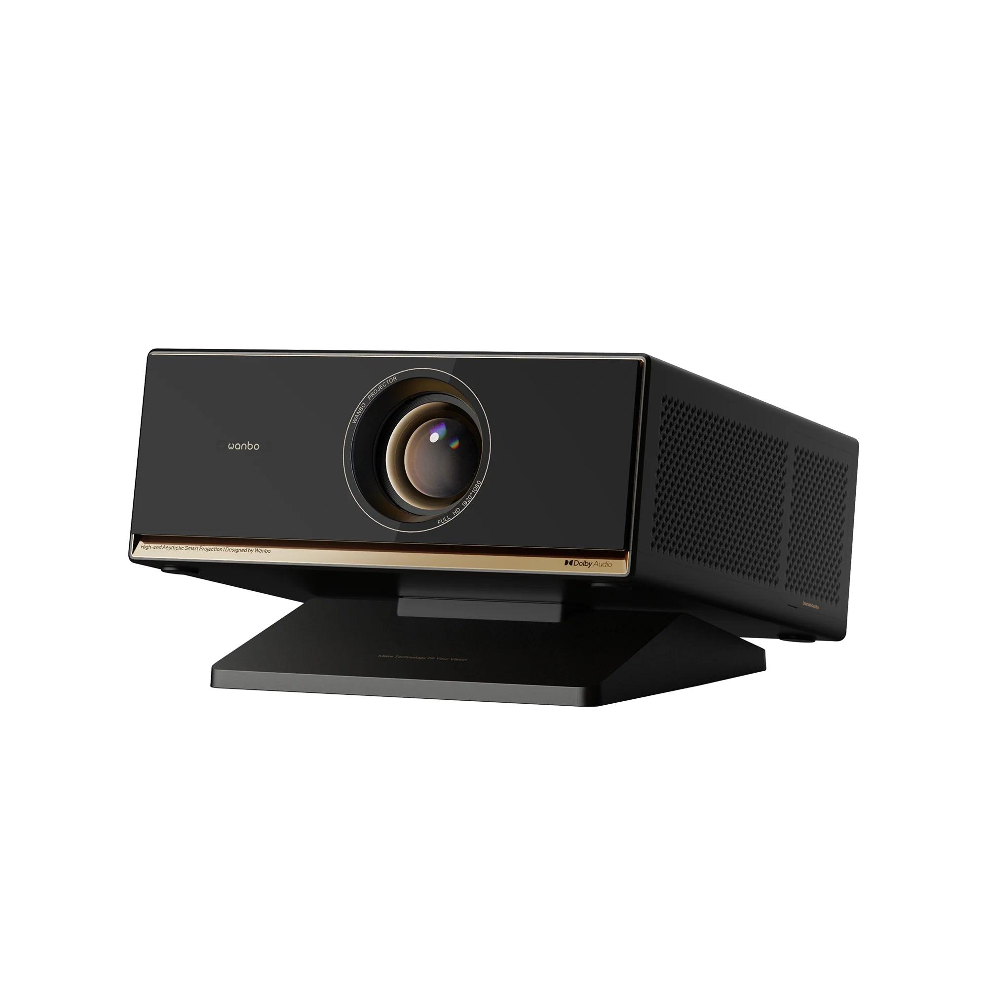 Wanbo X7 Pro Max front three-quarter view from the left, black body with a gold strip under the lens, on its tilt stand