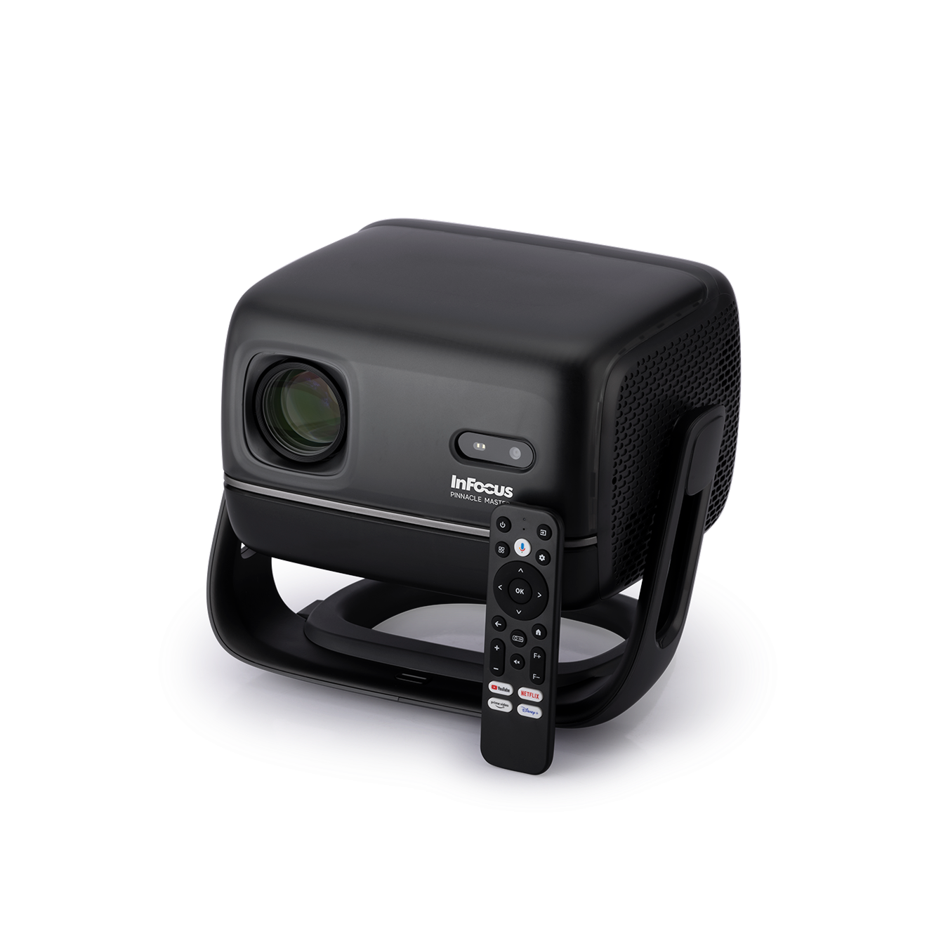 InFocus Pinnacle Master front three-quarter view, black cube body with round lens and open loop stand, remote in front