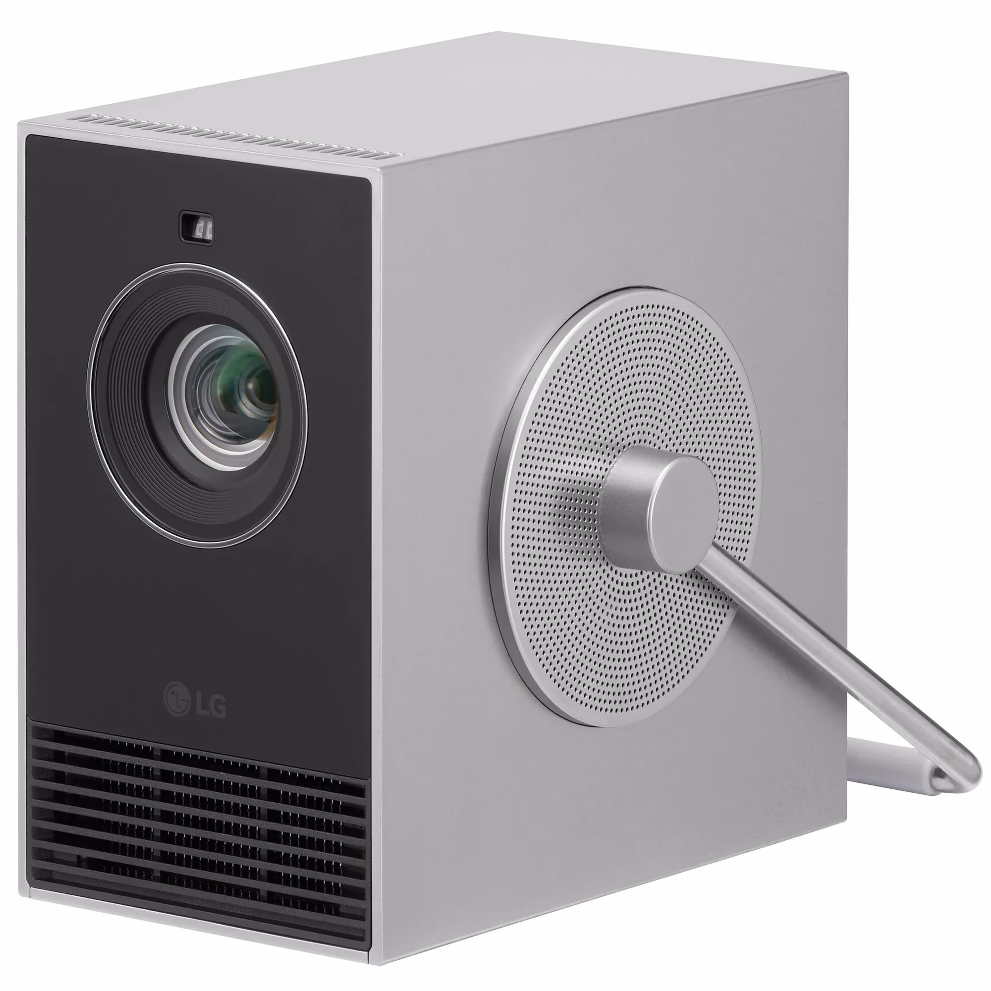 LG CineBeam Q PU600U portable projector, front three-quarter view showing the lens, speaker disc and carry handle