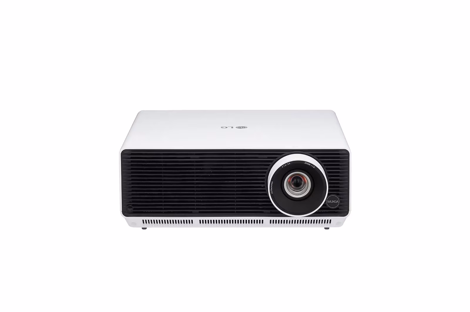 LG BF50RG projector, front view, white body with a black vented front panel and the lens at the right with a WUXGA badge