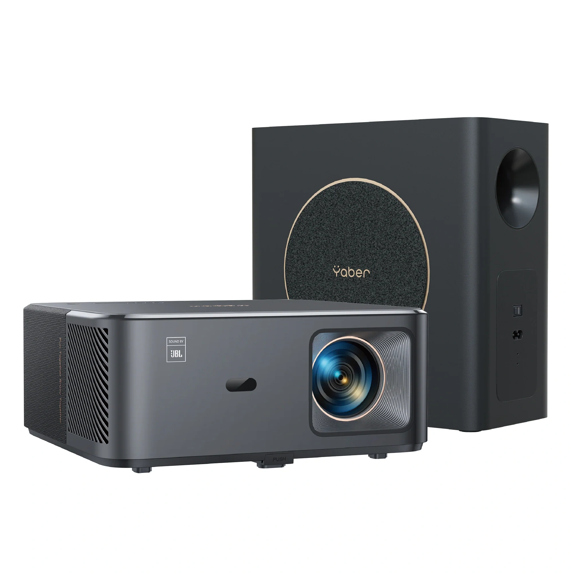 Yaber K2s Pro projector in front of its matching black subwoofer, front three-quarter view