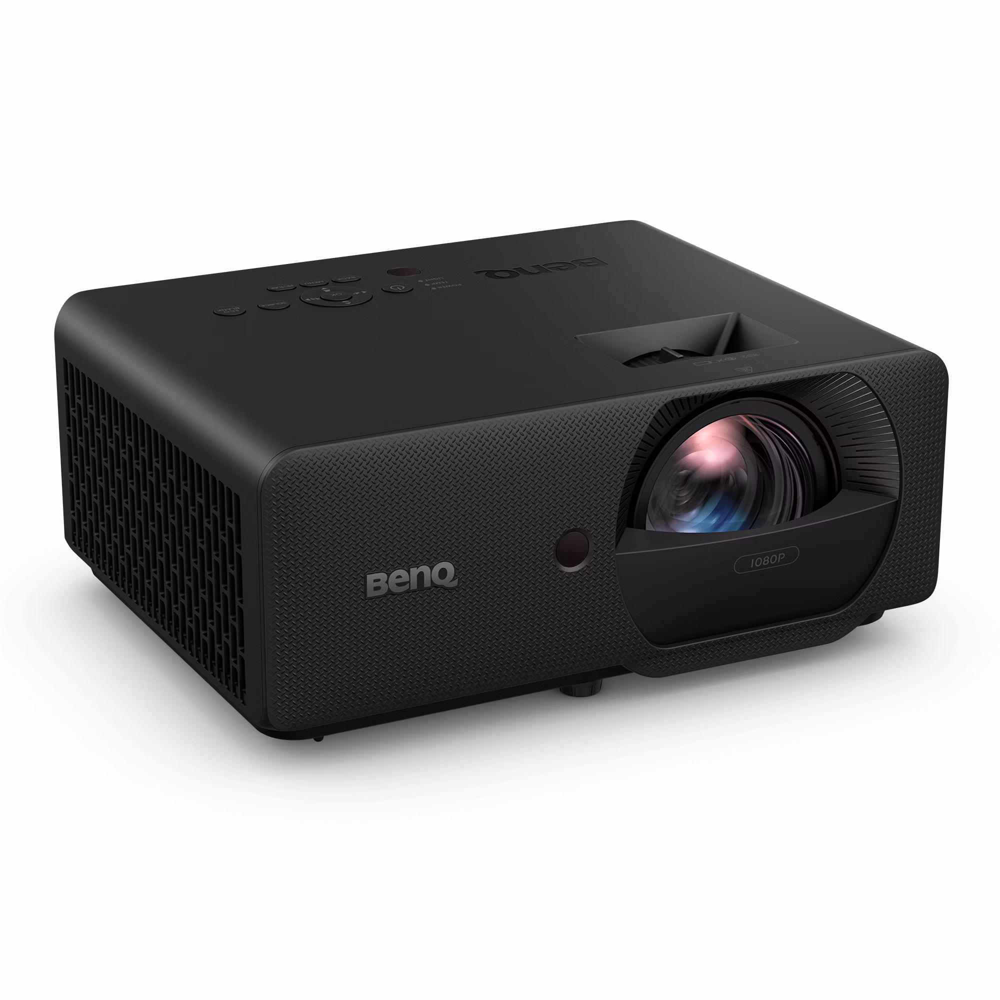 BenQ LH830ST black laser short-throw projector, front three-quarter view from the right with the lens and top control panel visible
