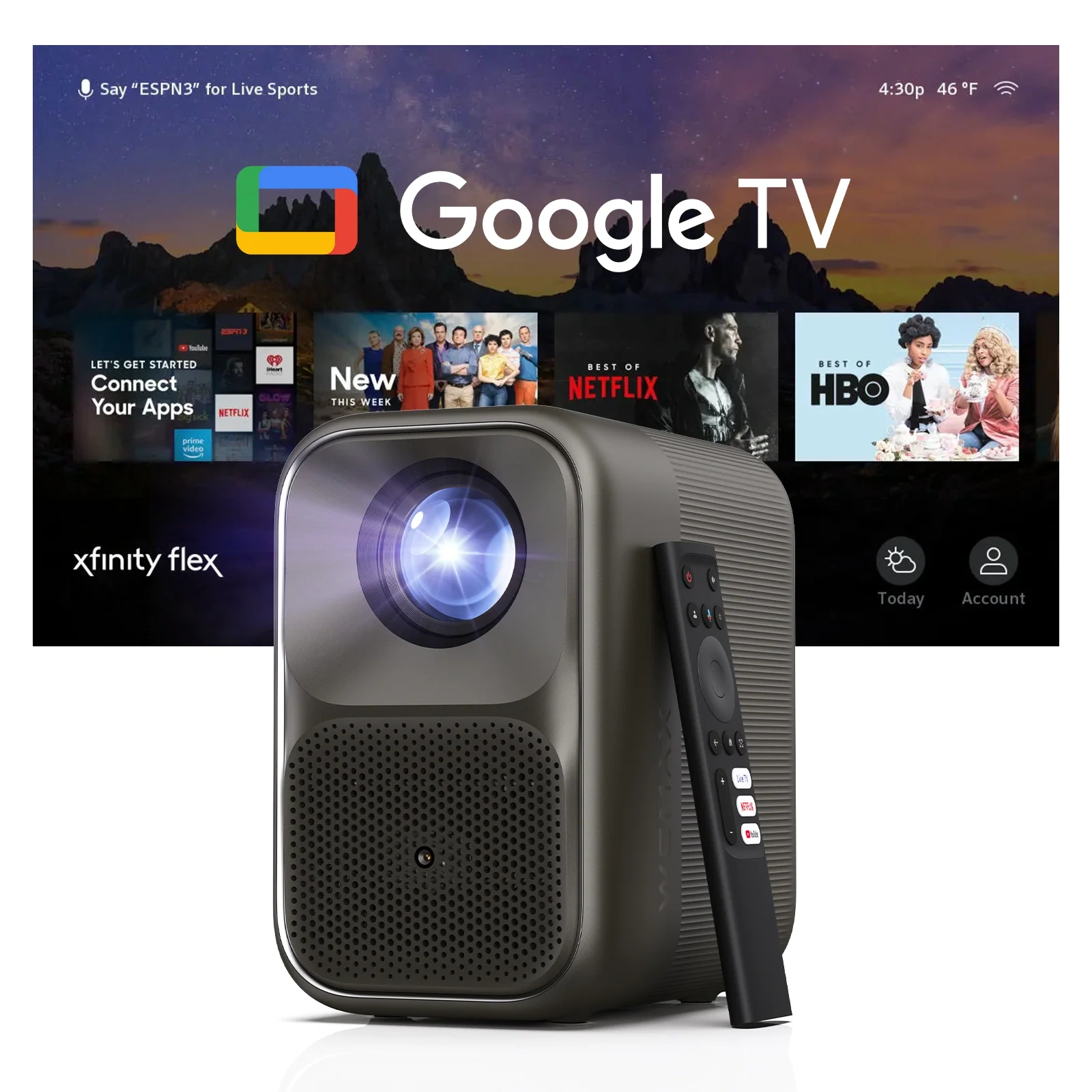 WEMAX VP04 projector, front three-quarter view in dark grey with its remote leaning against it, in front of a Google TV home screen