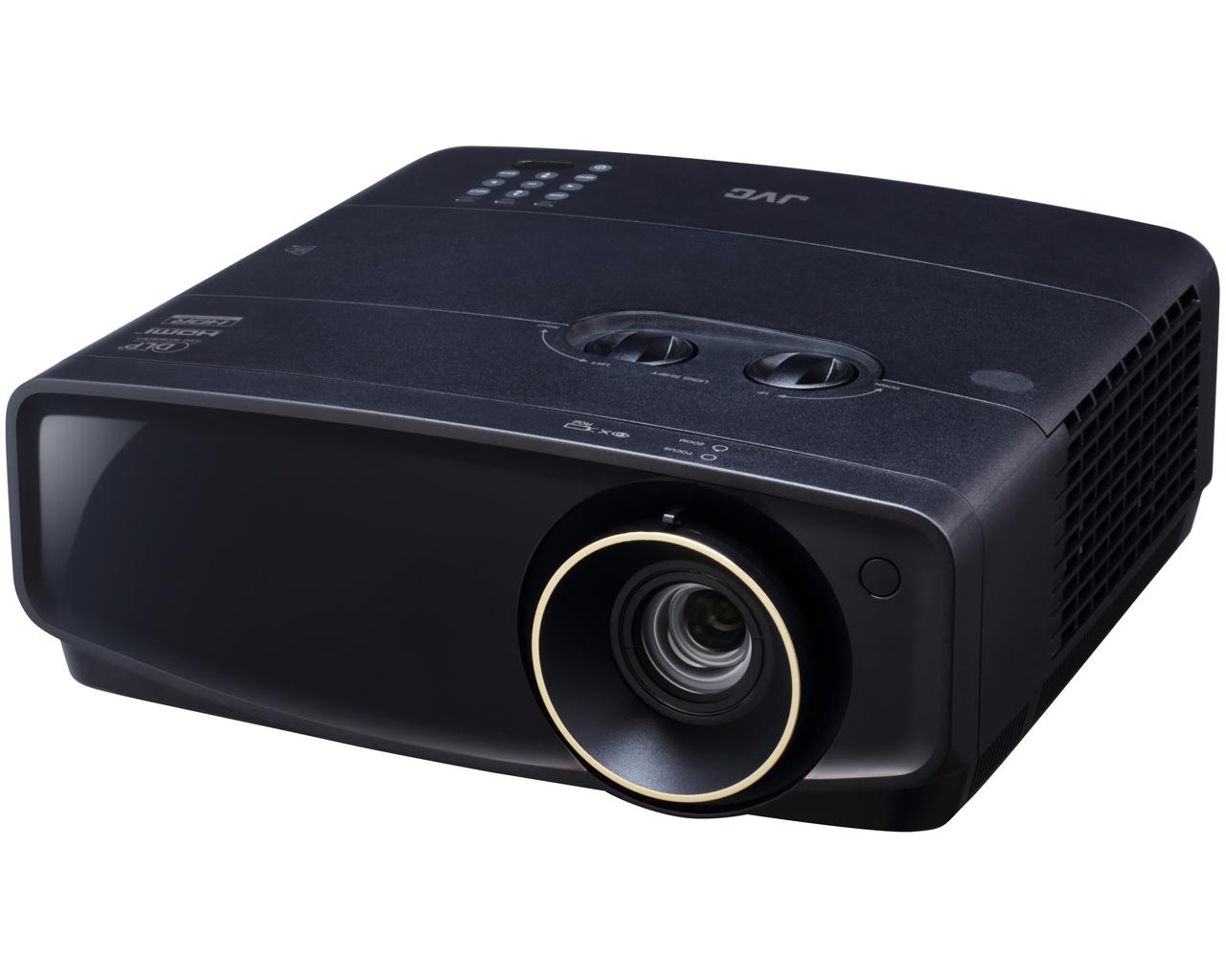 JVC LX-UH1B black DLP projector, front three-quarter view showing the gold-ringed lens and top lens shift knobs