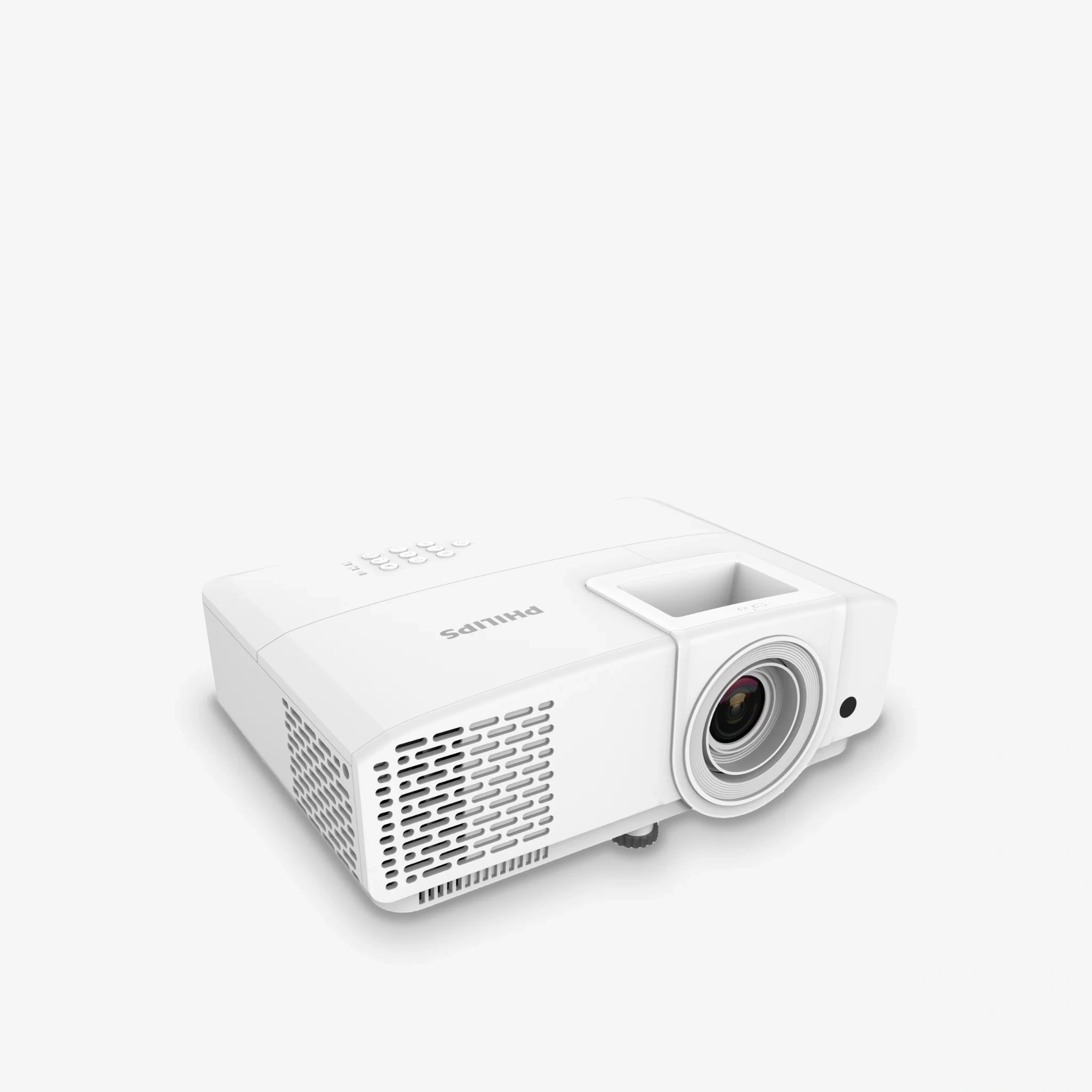 Philips ProPix 650 white DLP projector, front three-quarter view showing the lens, vented side and top control keys on a light grey background