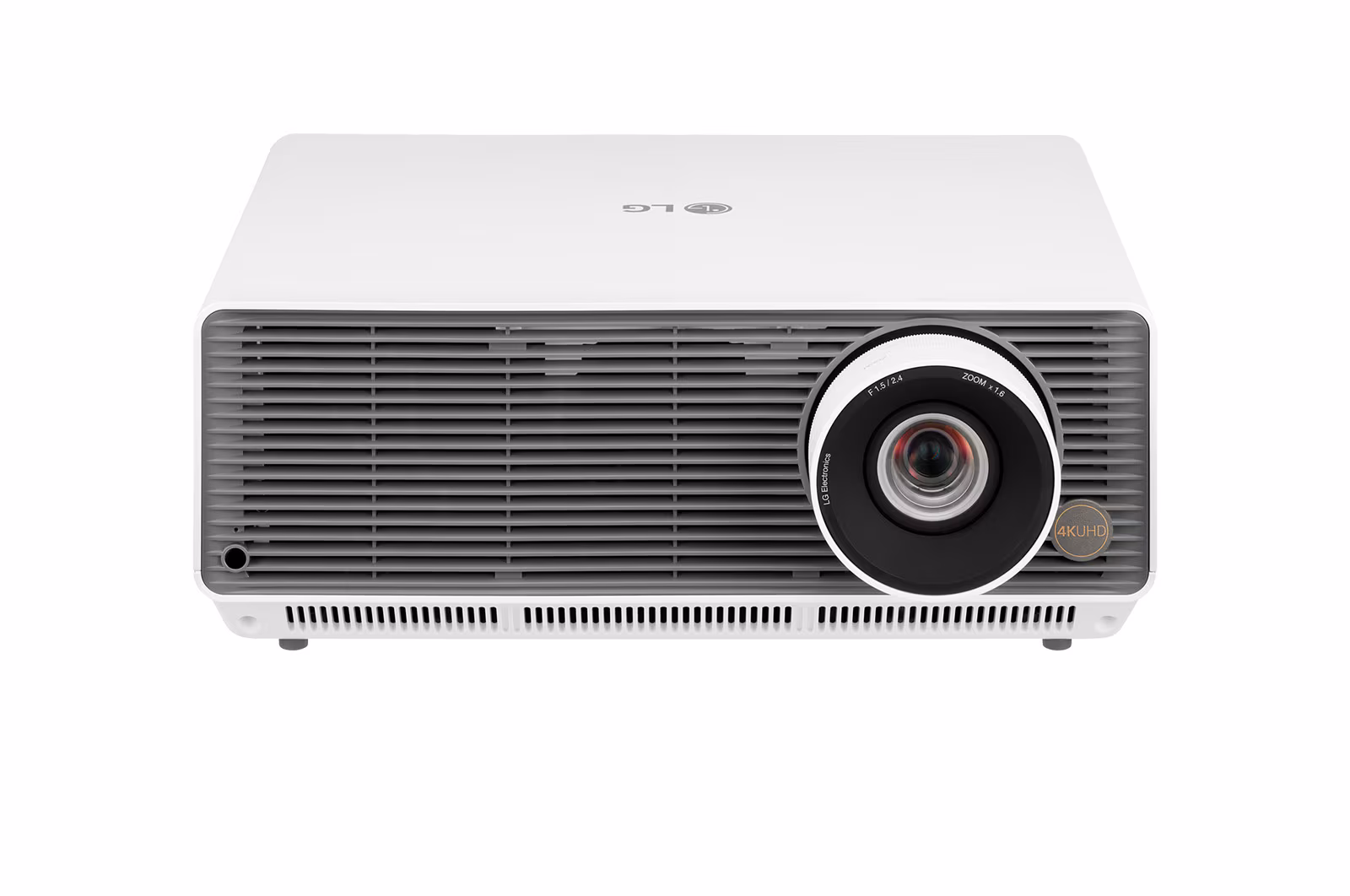 LG BU60RG projector, white body with a grey vented front panel, front view with the lens at the right