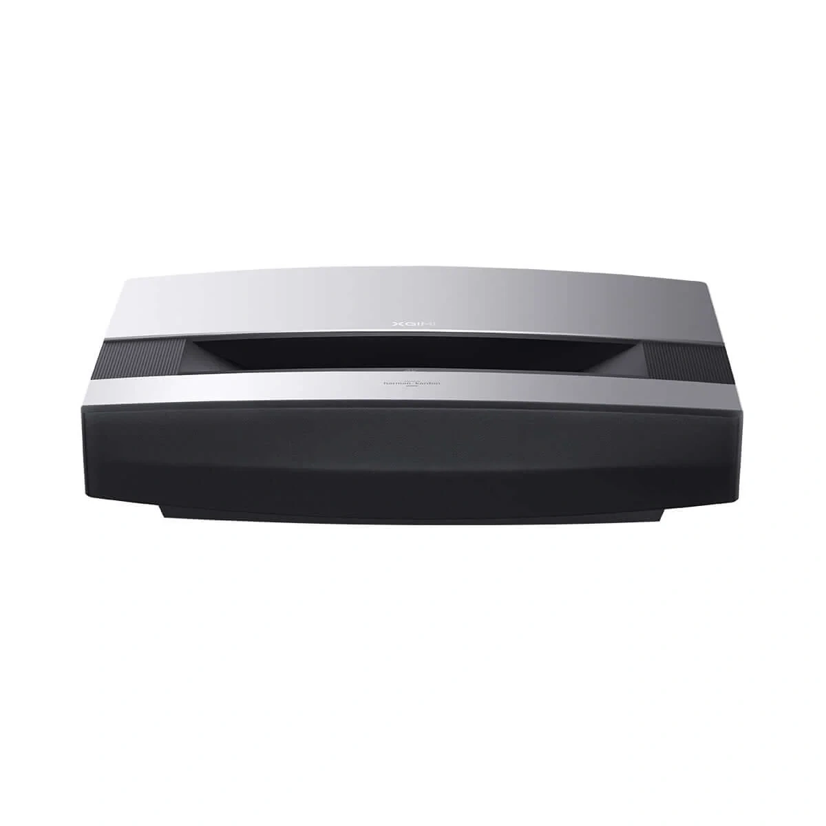 XGIMI AURA front view, silver top and black speaker grille with the lens recess on top