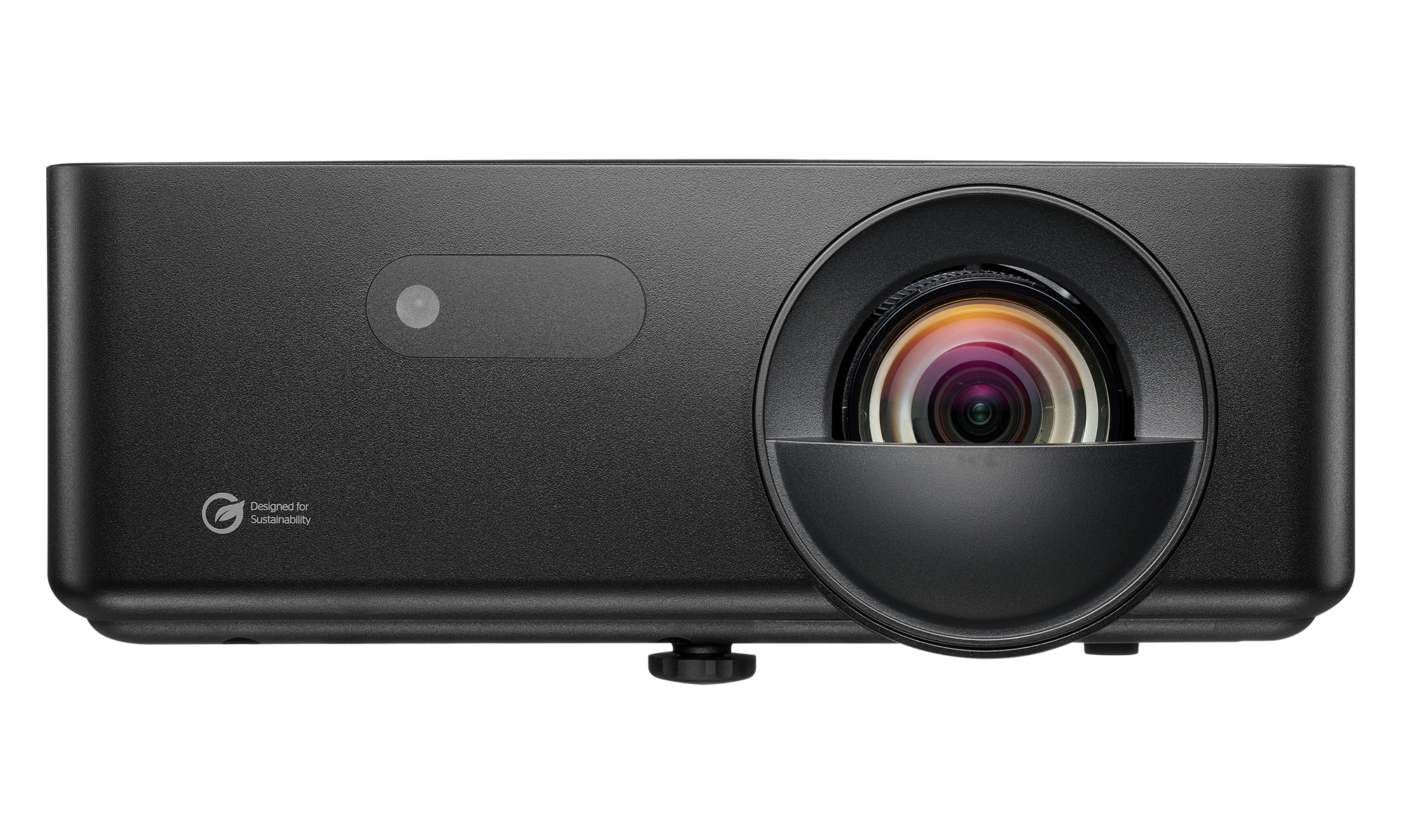 Optoma LH352BST black short throw projector, front view with off-centre lens