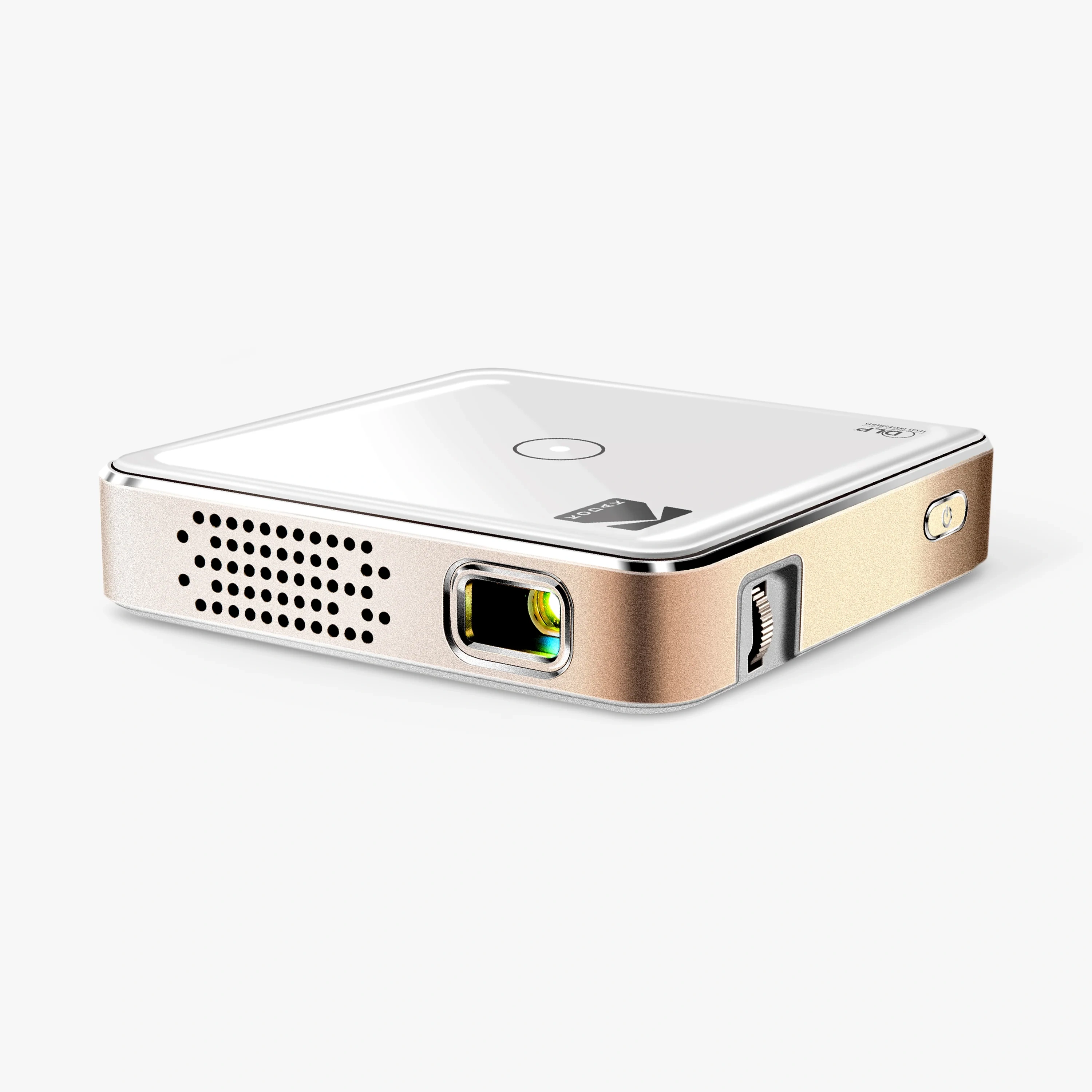 KODAK Luma 75 pocket projector in white with a champagne-gold side panel, front three-quarter view showing the lens, speaker grille and focus wheel