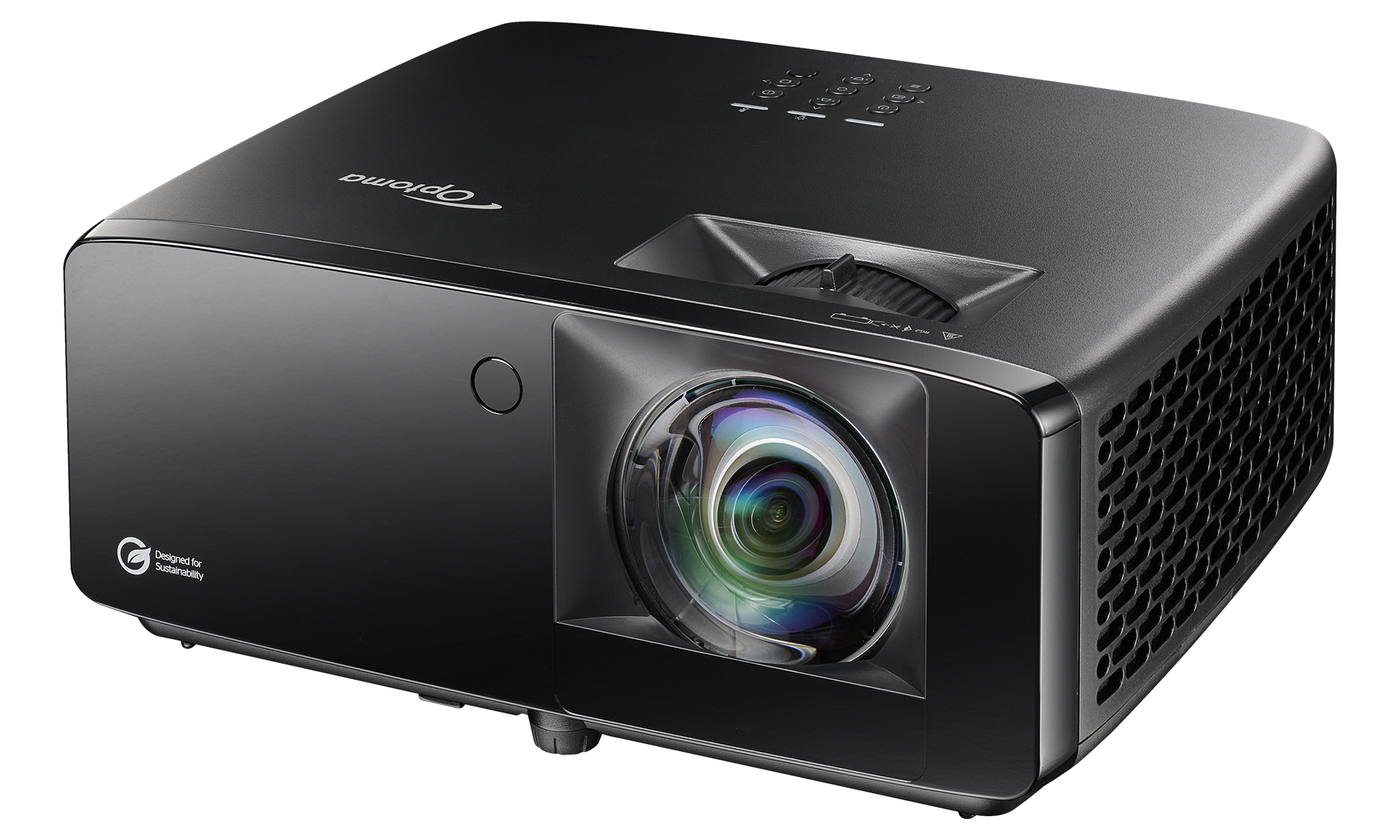 Optoma GT3900UHD black short-throw projector, front three-quarter view showing the offset short-throw lens and top control panel