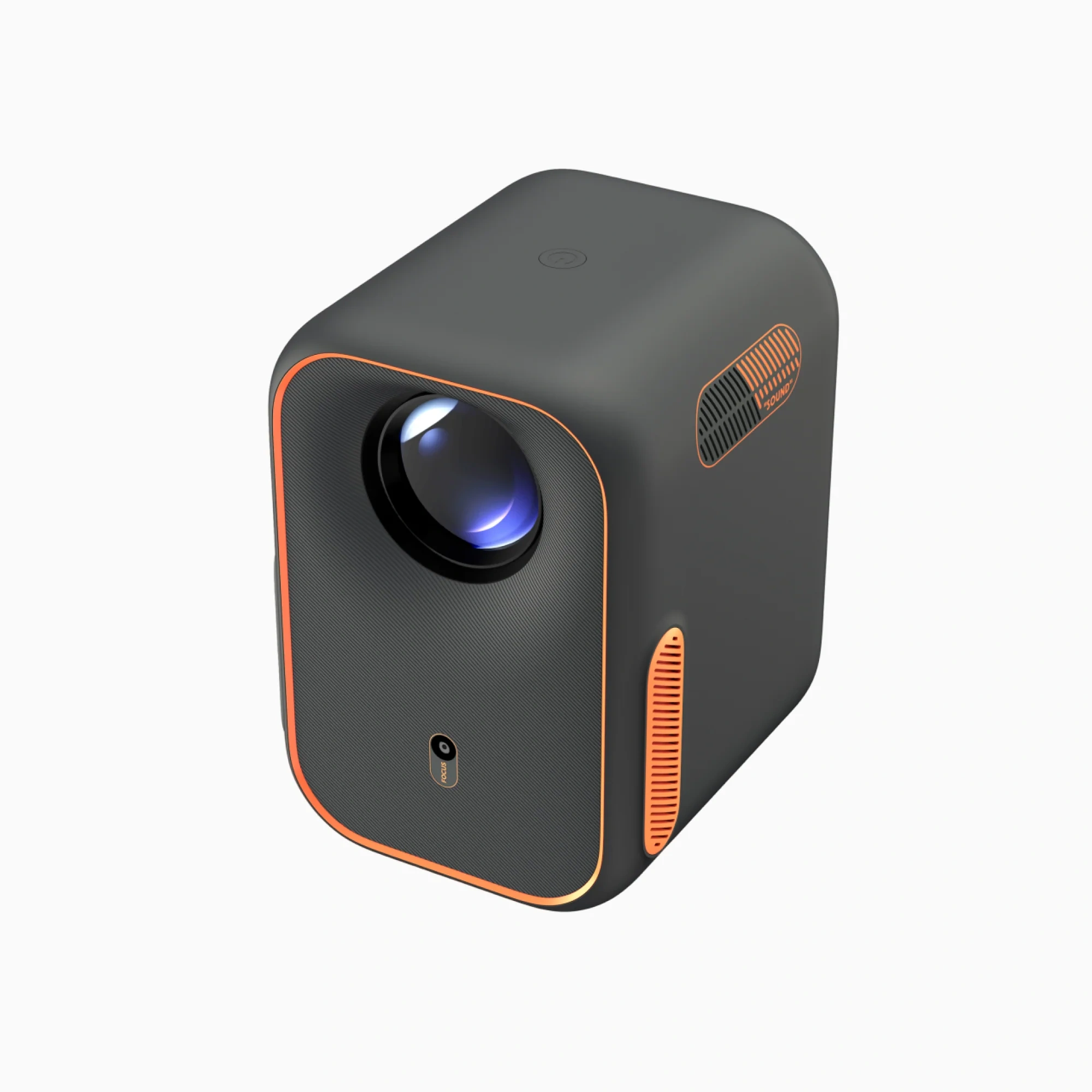 Formovie Xming Episode One three-quarter front view, dark grey body with orange trim and lens at upper left