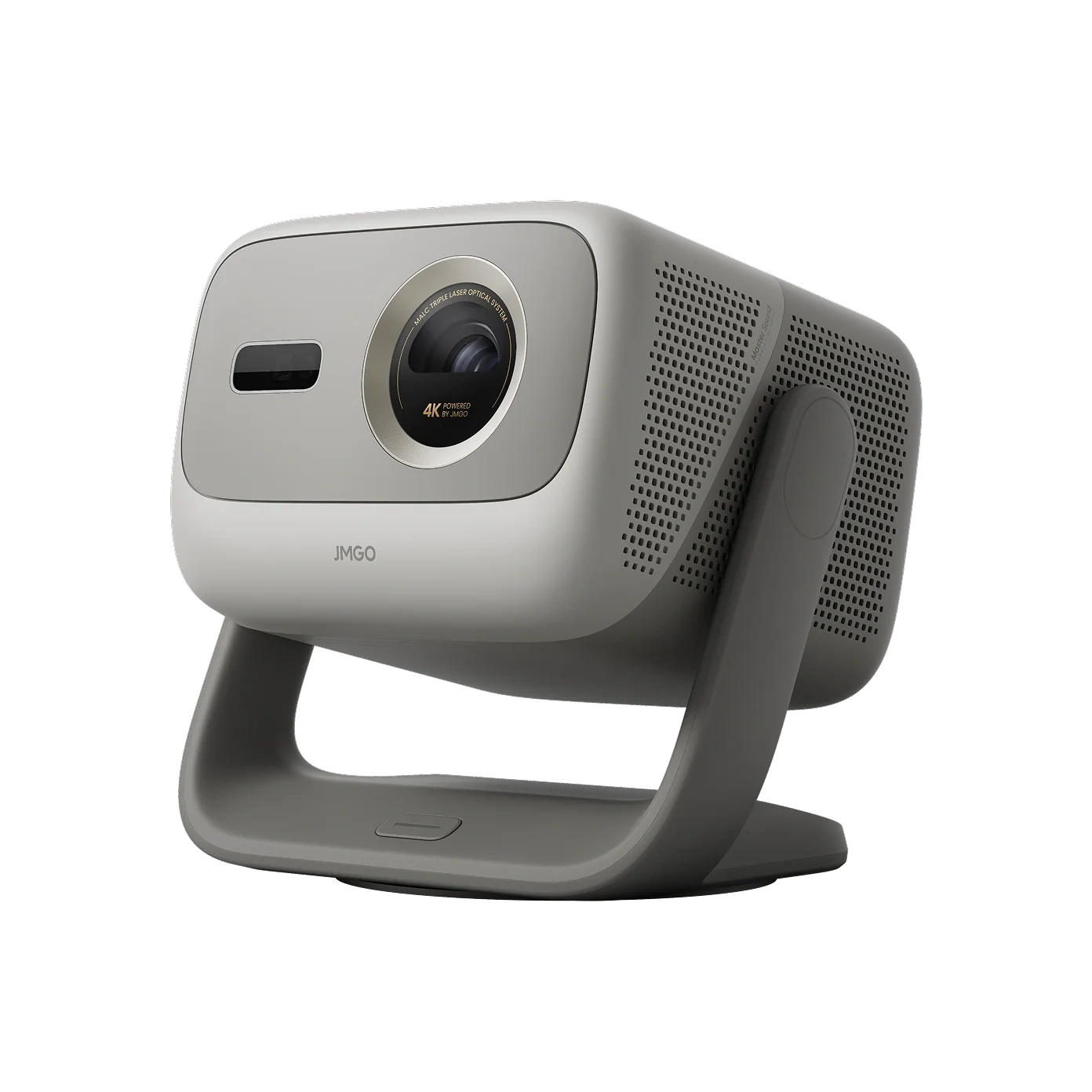 JMGO N3 4K front three-quarter view on its grey gimbal stand, showing the lens and sensor window