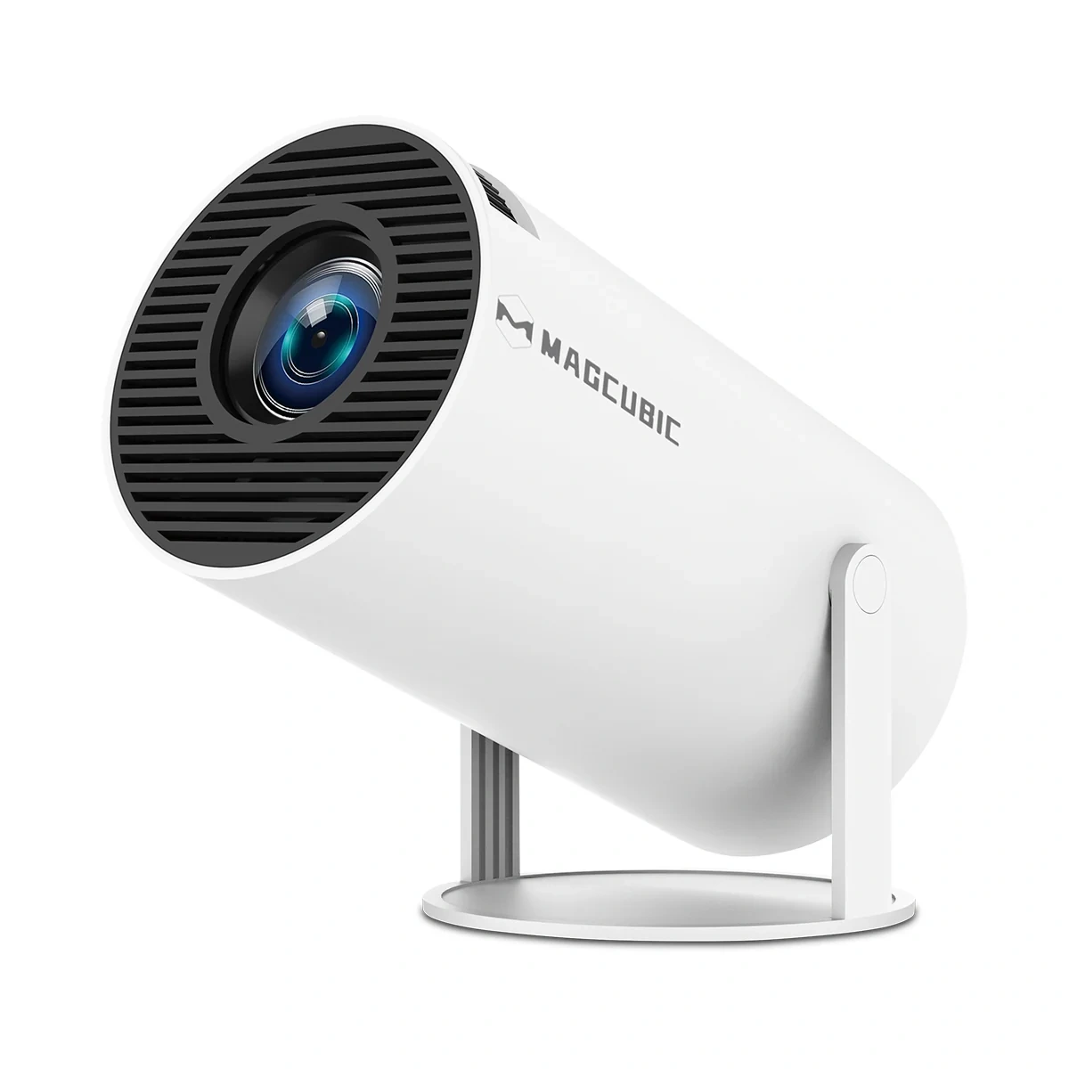 Magcubic HY300Pro white cylindrical projector on its stand, front three-quarter view